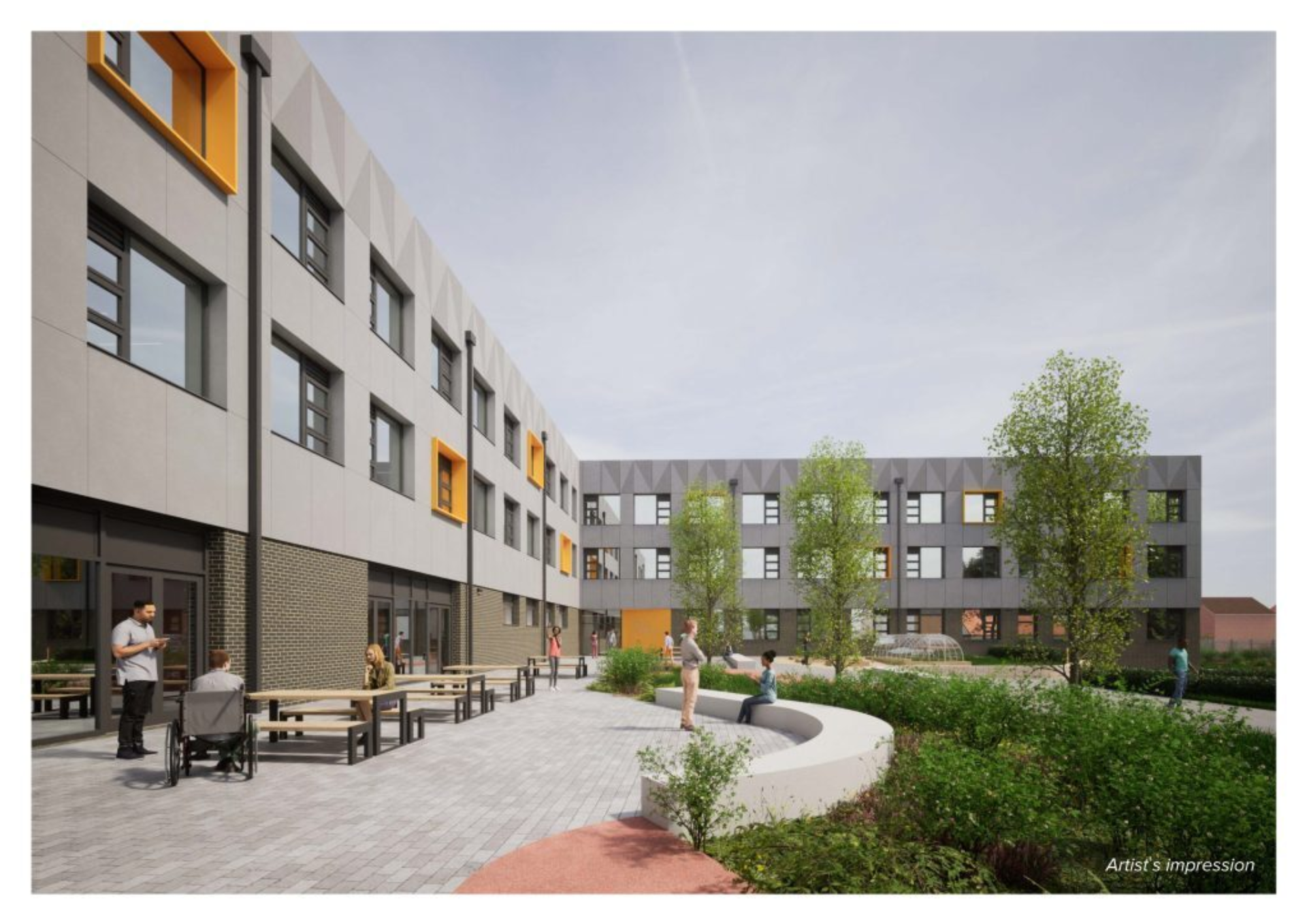 An artists impression of the external dining terrace at East Coast Colleges Great Yarmouth Campus indicative only Image LSI Architects 1024x724